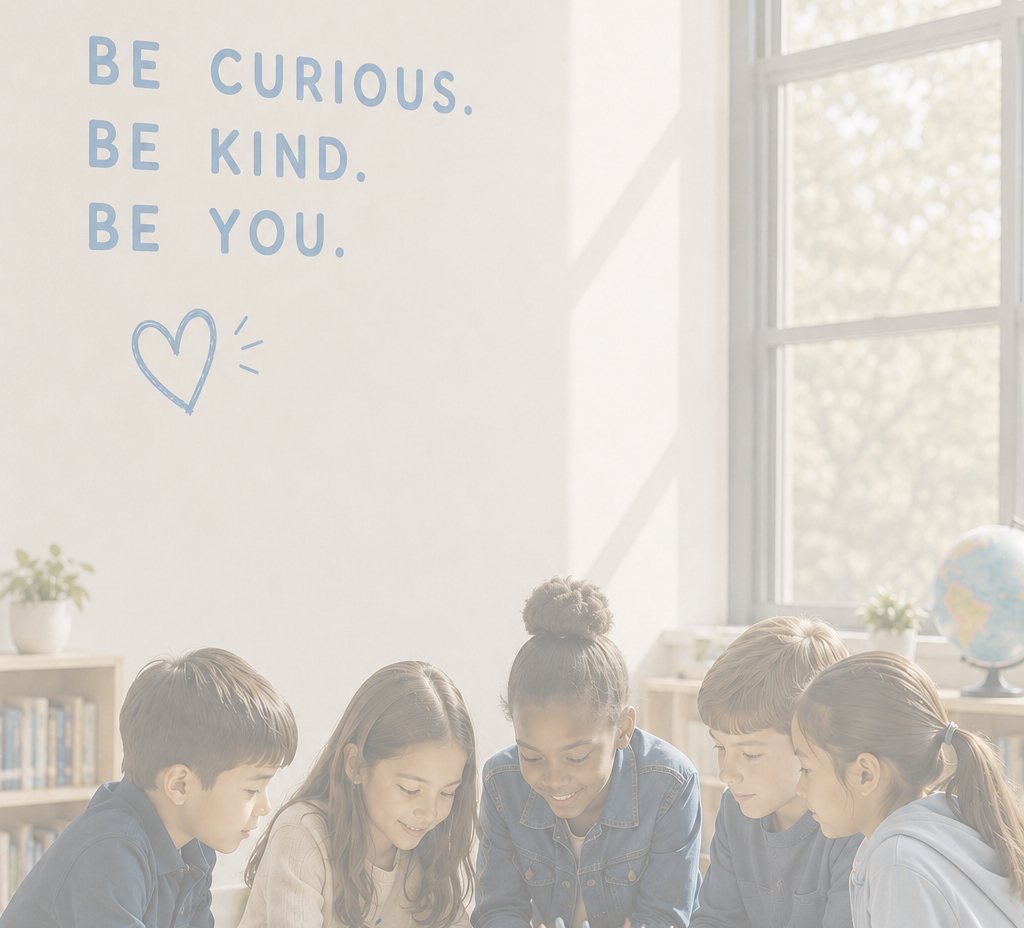 Children working together around a table in a sunny classroom, under the words Be curious. Be kind. Be you.