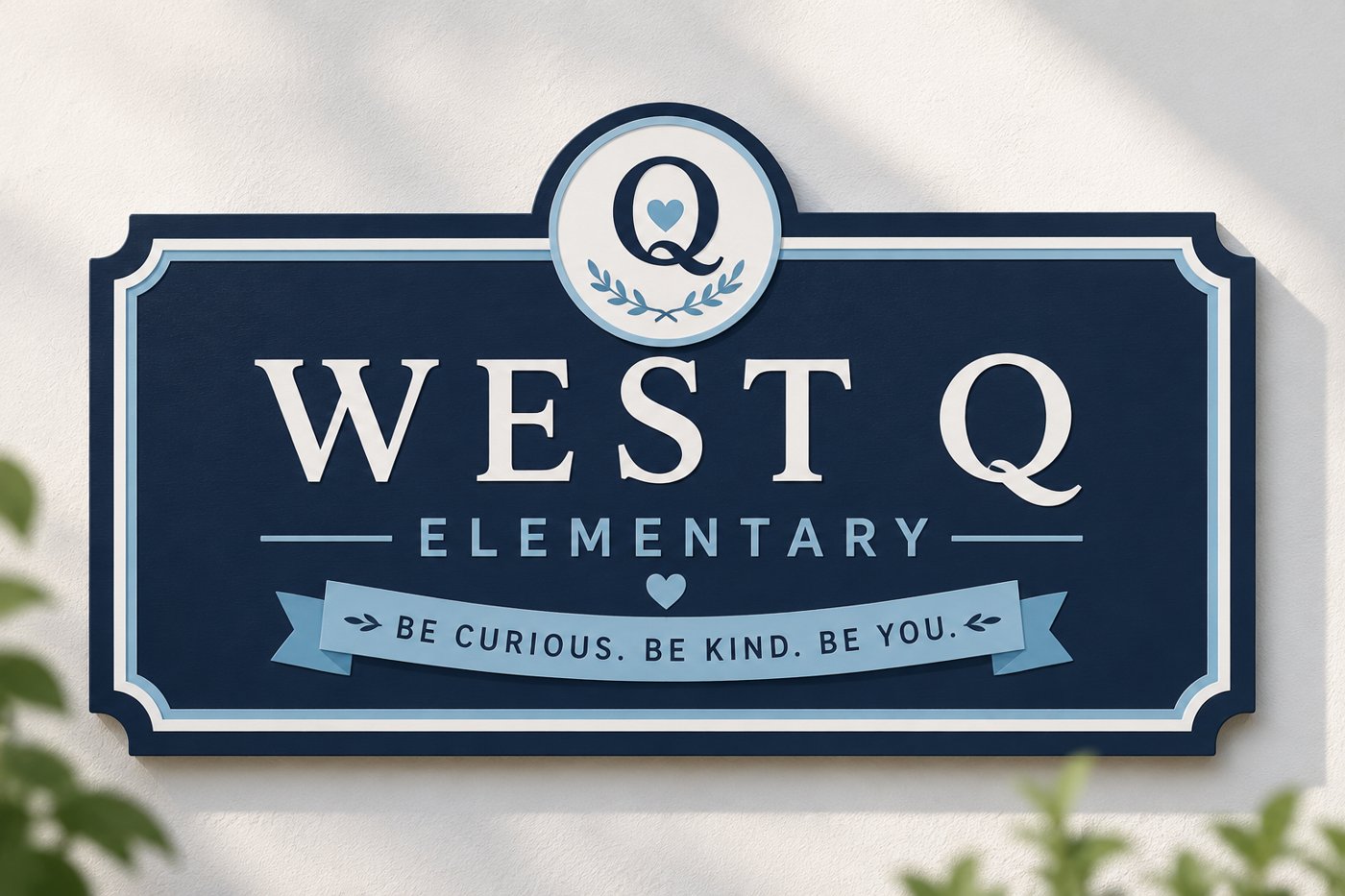 A navy West Q Elementary sign with a Q and heart emblem and the motto Be curious. Be kind. Be you.