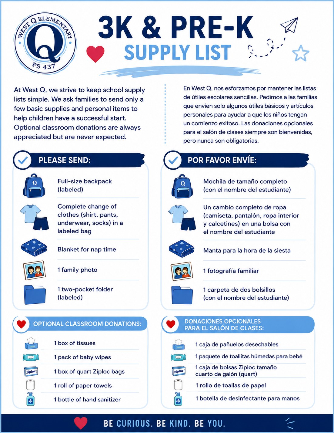 3K & Pre-K Supply List, in English and Spanish. The full text is below.