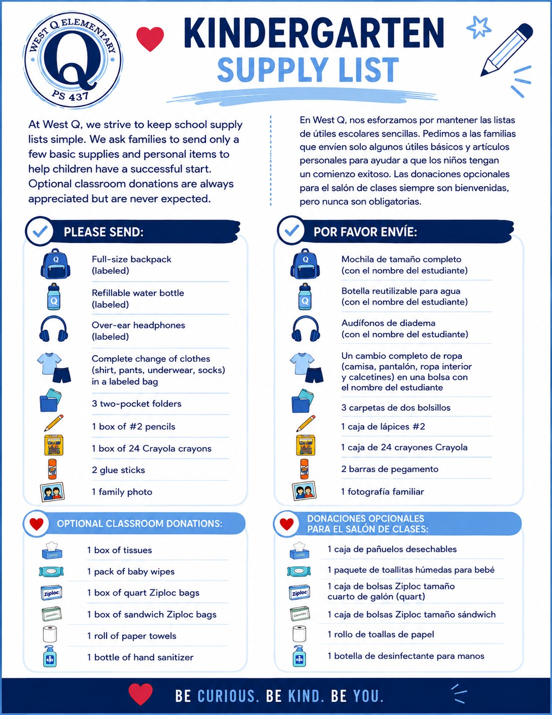 Kindergarten Supply List, in English and Spanish. The full text is below.